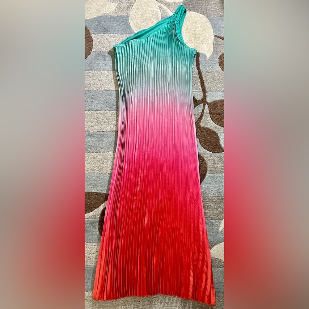 Nicole Miller Sleeveless One Shoulder Summer Sunset Ombré Satin Plissé Gown - Picture 7 of 11